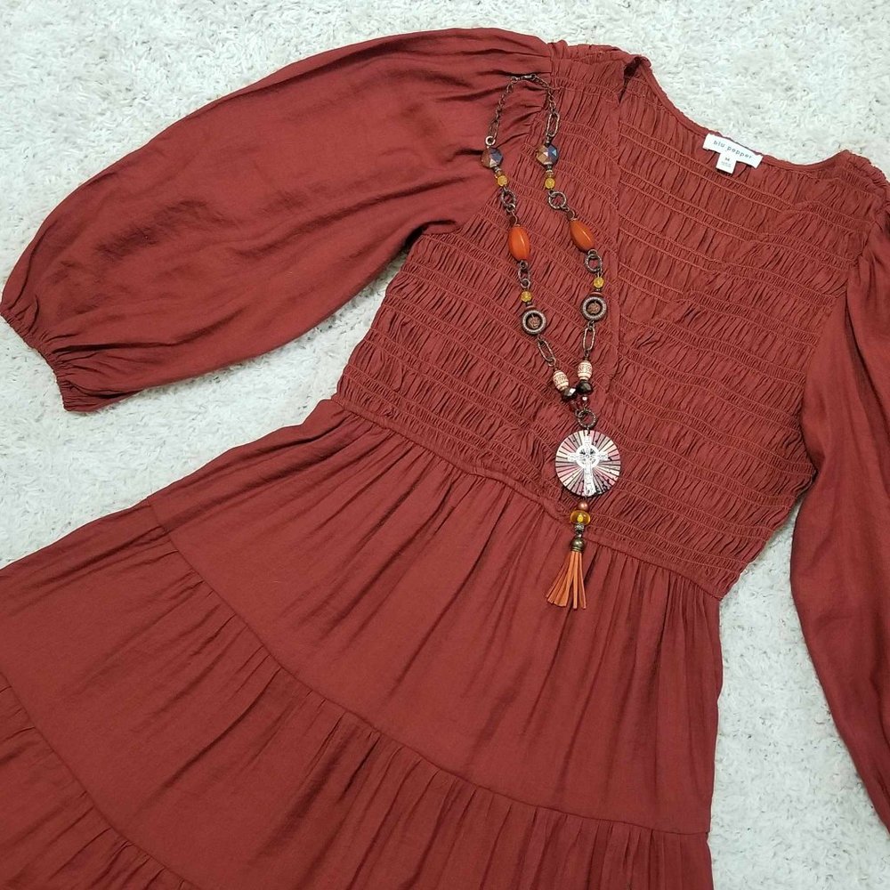 Dress. Smocked, Tiered. Paprika Color. Blu Pepper Brand. Size Medium. - Picture 9 of 10